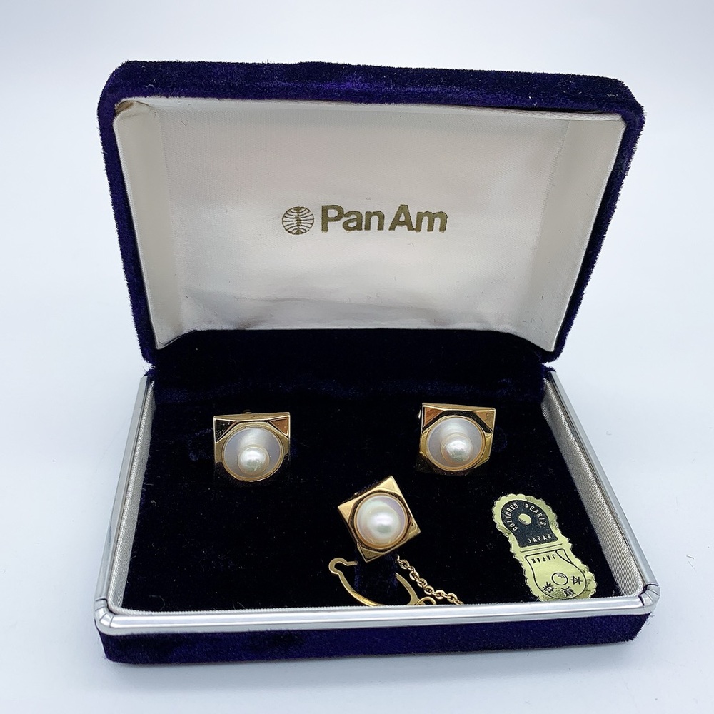 22K GF PanAm Cultured Pearl Cufflinks and Pin Set